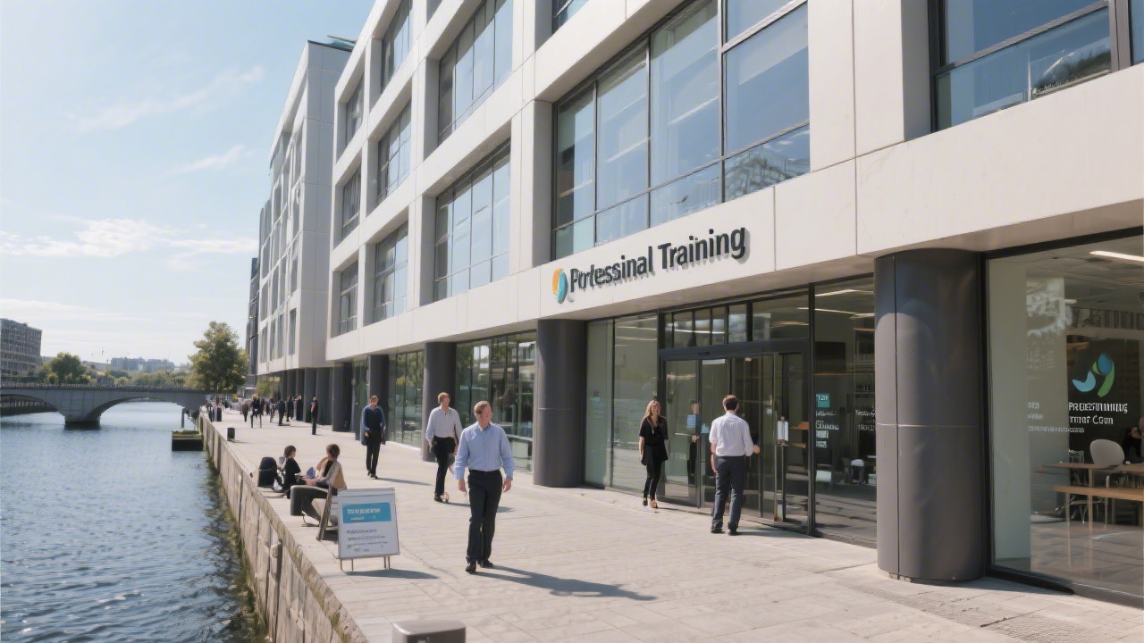 Exterior view of a modern Dublin office building near the river, with signage and people entering, representing a professional training location.