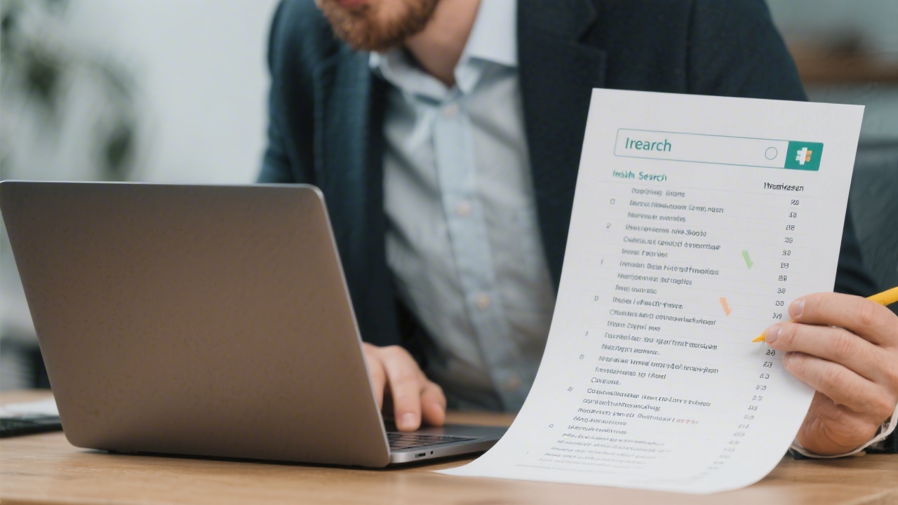 Marketer reviewing keyword research notes and content outlines on a desk with a laptop, printed SERP analysis, and a notebook filled with planning steps.