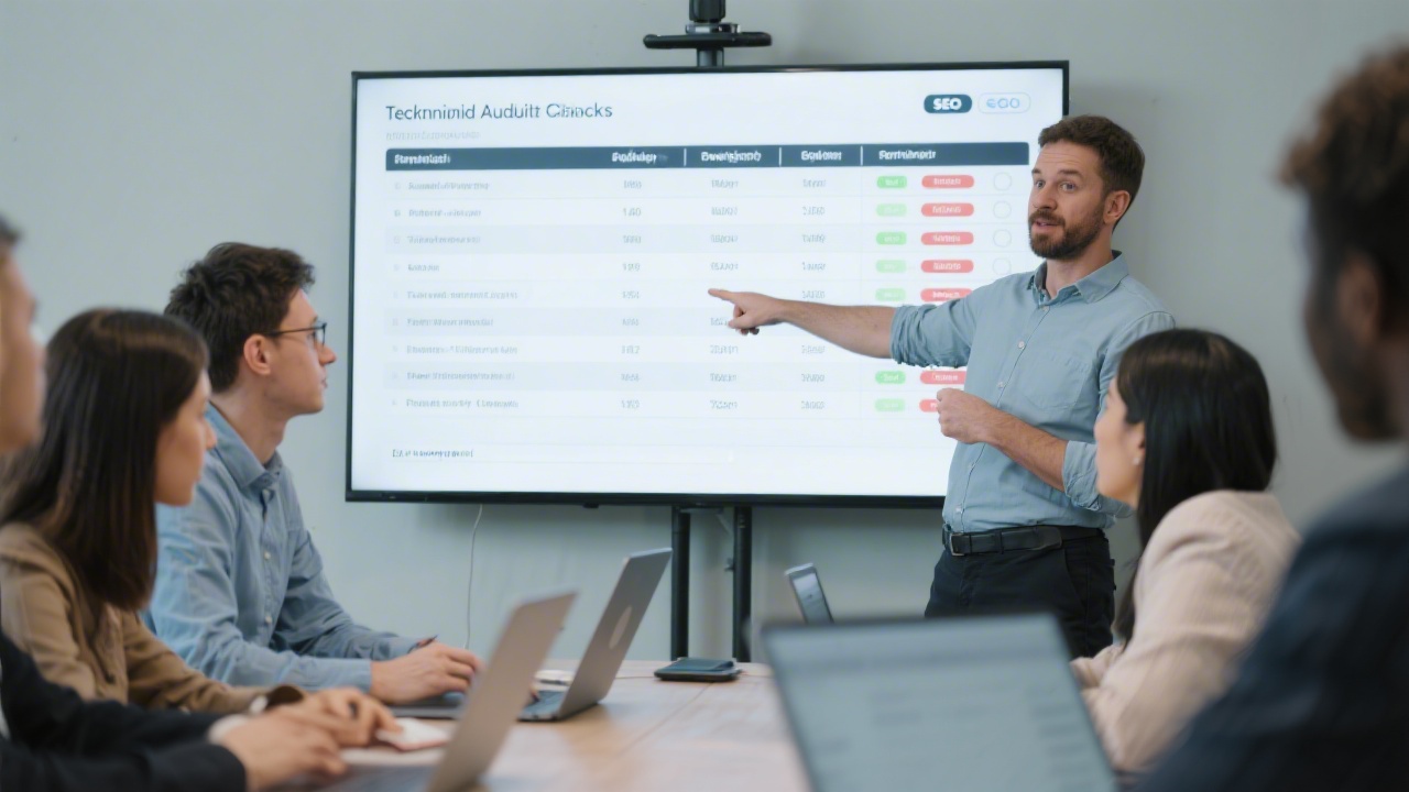 SEO specialist reviewing technical audit report on dual monitors, showing crawl charts, page speed metrics, and prioritized issue list in a clean dashboard.